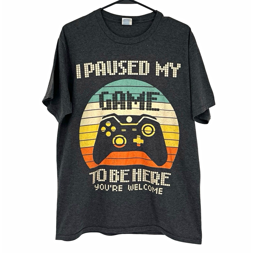 Funny Gamer T Shirt Mens Large I Paused My Game Retro Graphic Tee Gray